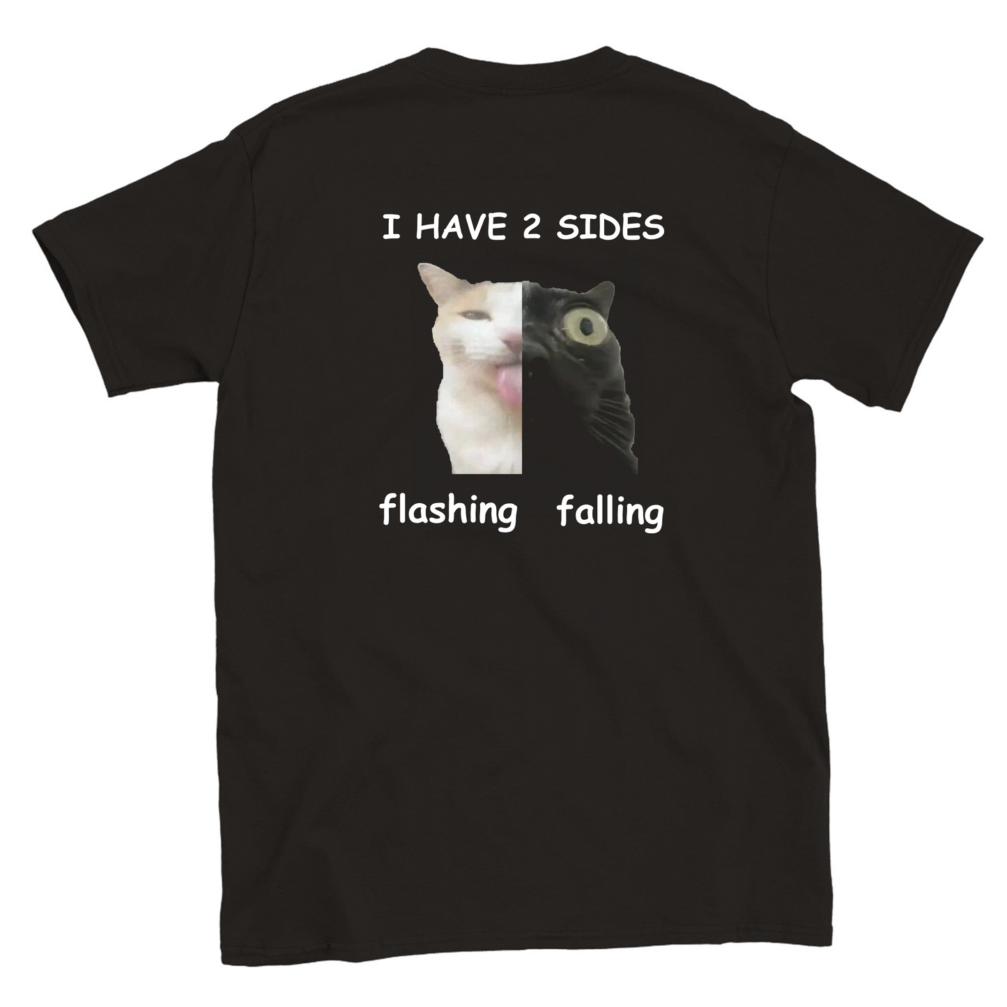 Funny climbing t-shirt with two cat faces showing "Flashing" and "Falling" by Sloppy Sends Tees