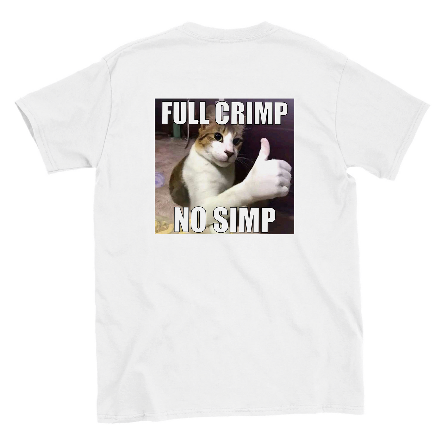 Funny climbing shirt with cat and full crimp no simp text – meme tee for boulderers and crimp fiends