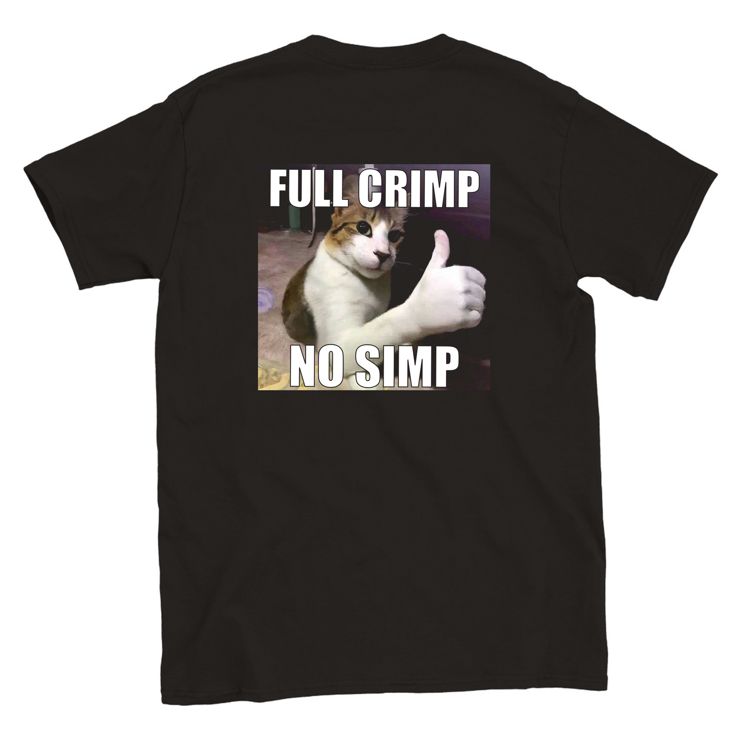 Funny climbing shirt with cat and full crimp no simp text – meme tee for boulderers and crimp fiends