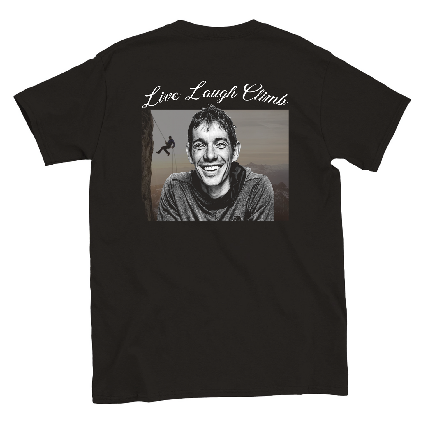 Funny climbing shirt with Alex Honnold and live laugh climb text – sarcastic meme tee for climbers