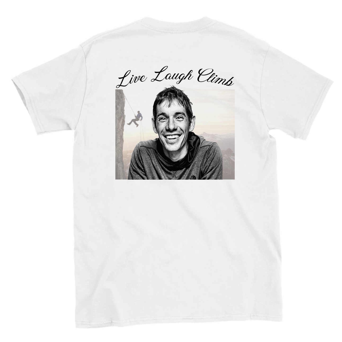 Funny climbing shirt with Alex Honnold and live laugh climb text – sarcastic meme tee for climbers