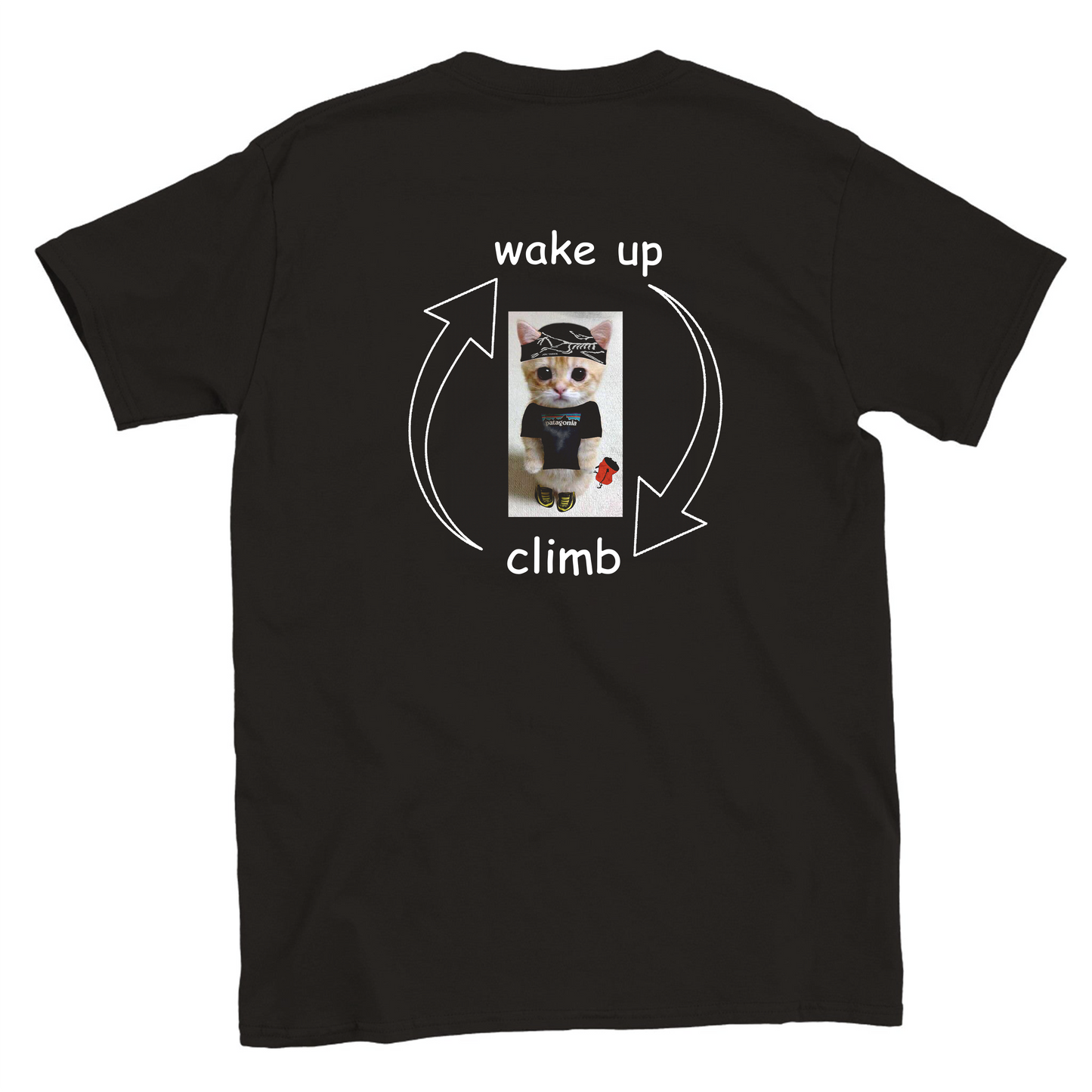 Cartoon cat climbing on a t-shirt with text "Wake Up > Climb > Repeat" – funny design from Sloppy Sends Tees