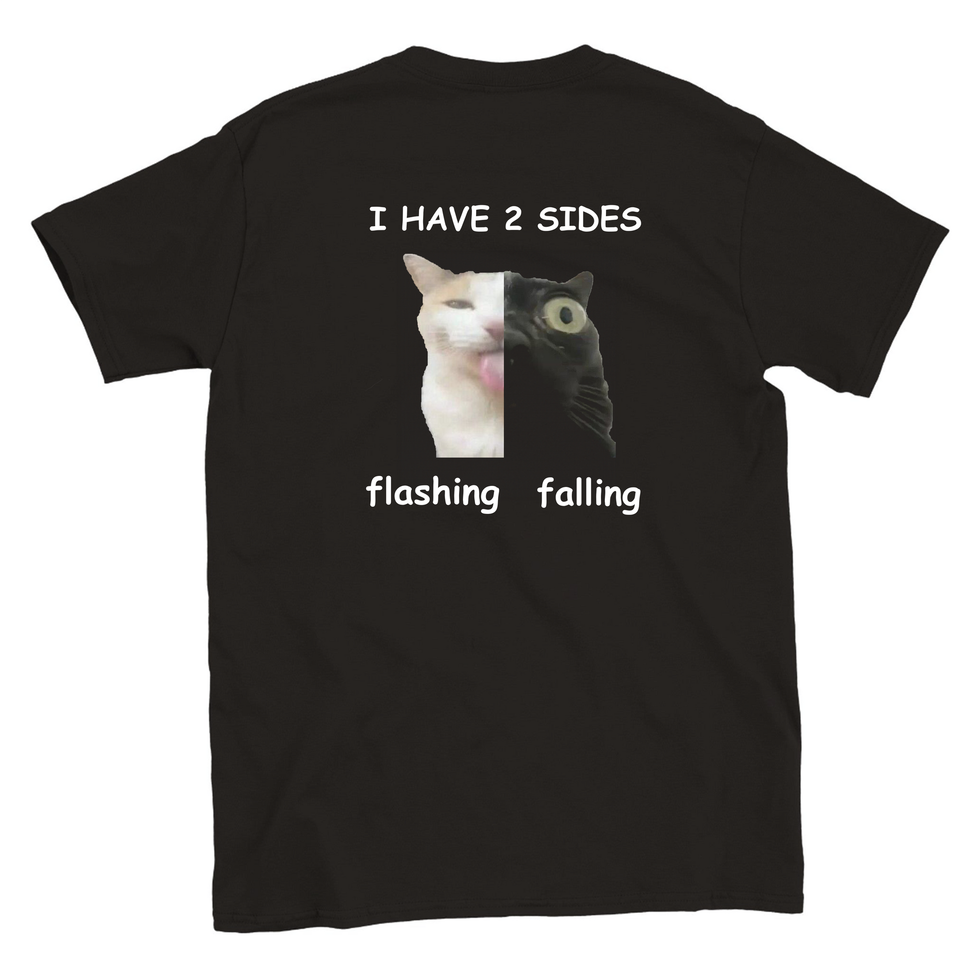 Funny climbing t-shirt with two cat faces showing "Flashing" and "Falling" by Sloppy Sends Tees