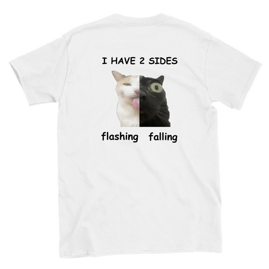 Funny climbing t-shirt with two cat faces showing "Flashing" and "Falling"  by Sloppy Sends Tees