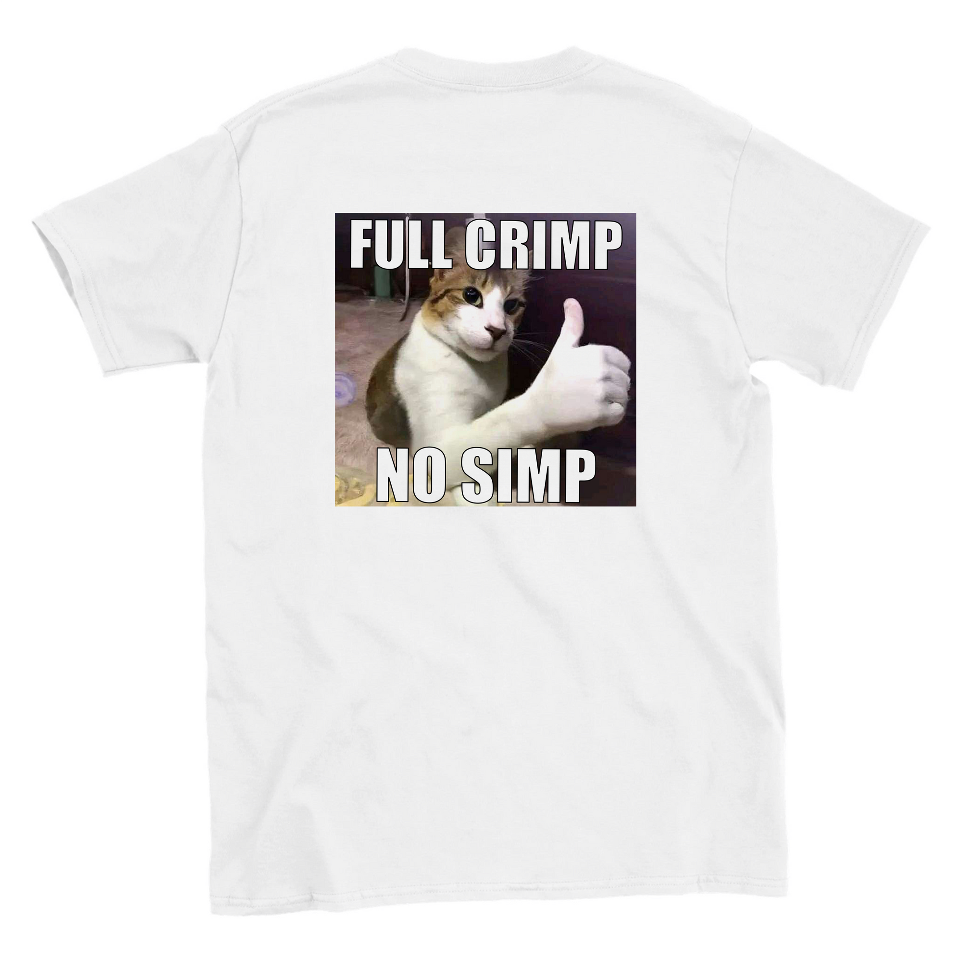 Funny climbing shirt with cat and full crimp no simp text – meme tee for boulderers and crimp fiends