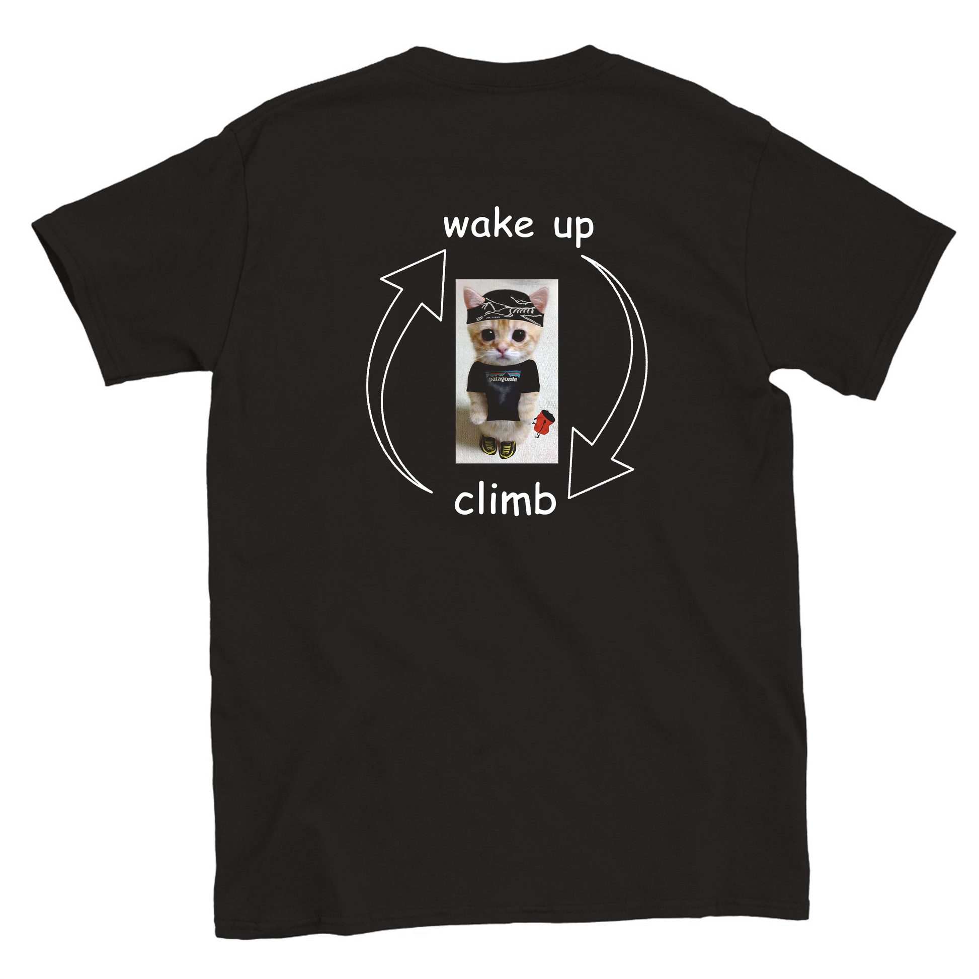 Cartoon cat climbing on a t-shirt with text "Wake Up > Climb > Repeat" – funny design from Sloppy Sends Tees
