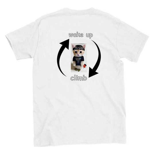 Cartoon cat climbing on a t-shirt with text "Wake Up > Climb > Repeat" – funny design from Sloppy Sends Tees